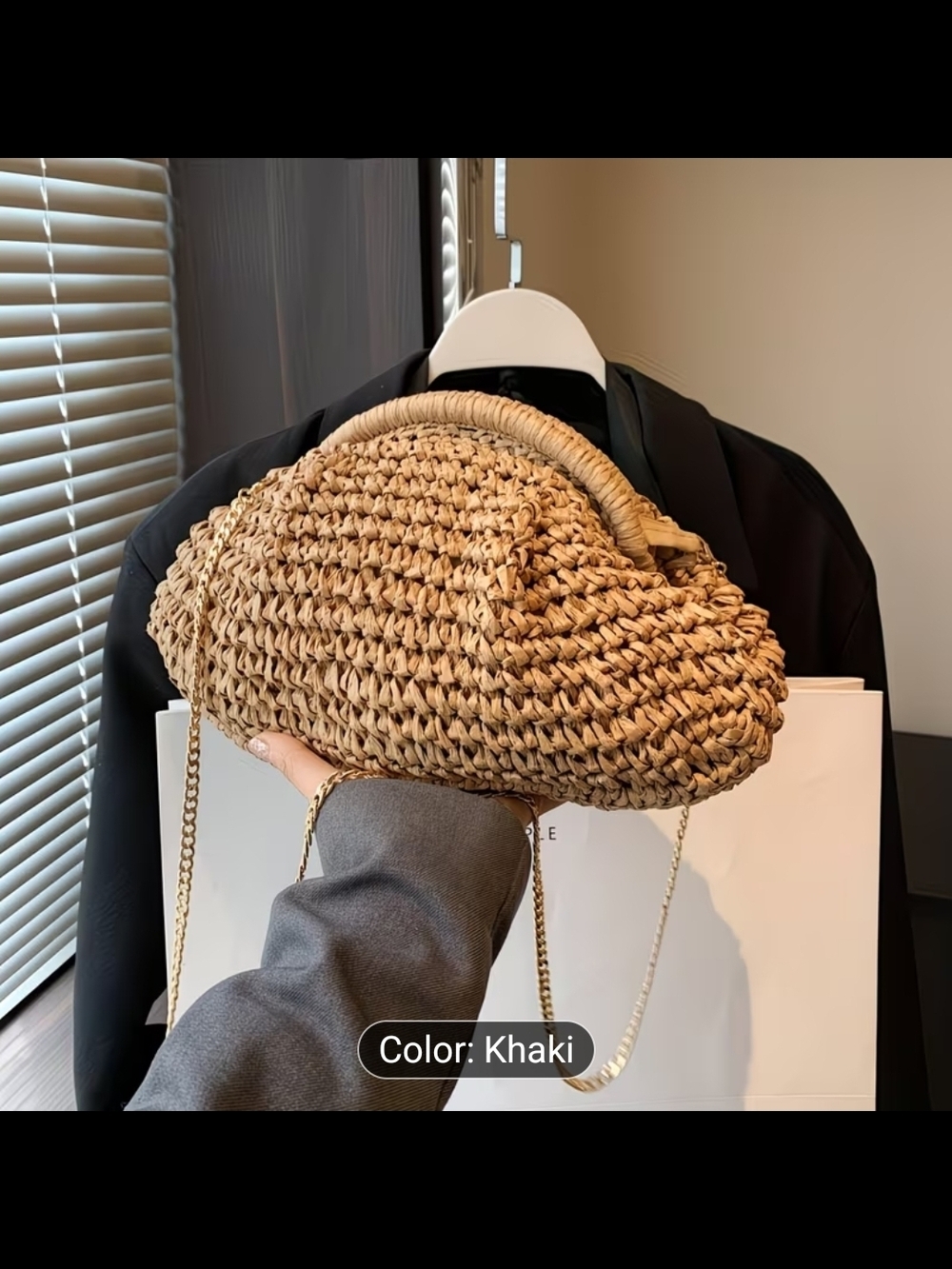 Woven Khaki Straw Clutch with Gold Chain Strap